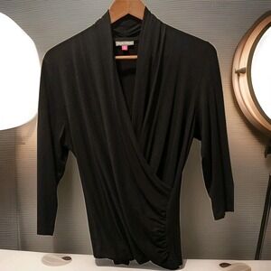 Vince Camuto Women Black Blouse Span Wrap Look V-Neck - Rayon/Spandex-Size PL